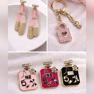 Pink & Gold Dangle Earrings Bagcharm Keychain &  1 Purfume Style Brooch New Set